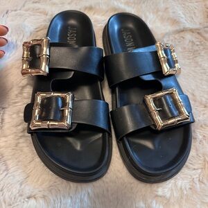 Jason Wu Black Sandals with Gold Buckles